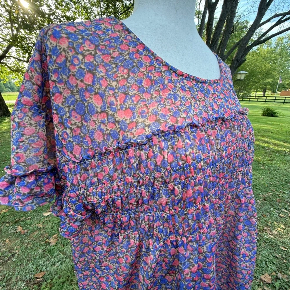 Anthropologie Deletta Floral Smocked Ruffle Blouse Pink Blue Short Sleeve Small